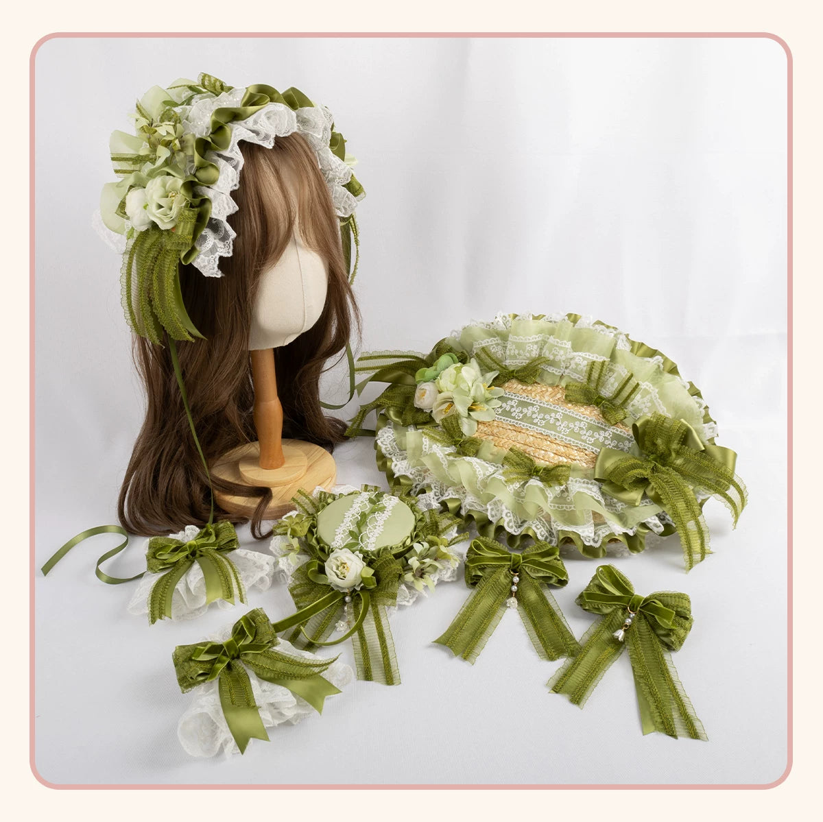 Stardust Rose - Lily of the Valley Woodland - Green Lace Lolita Headwear with Floral Ribbons