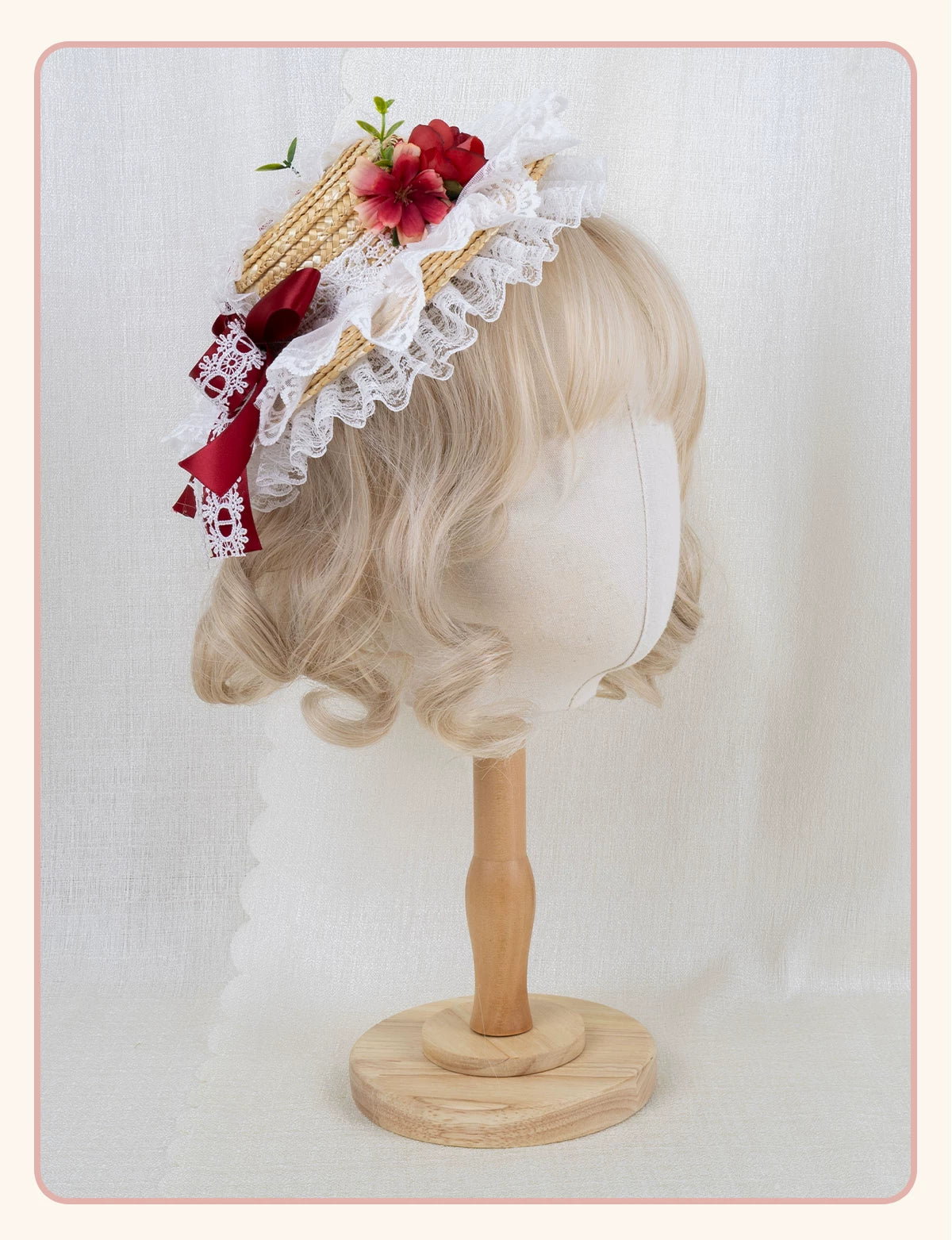 Stardust Rose - Forest Lace Bow - Straw Flat Hat with Lace Bow Hair Clip