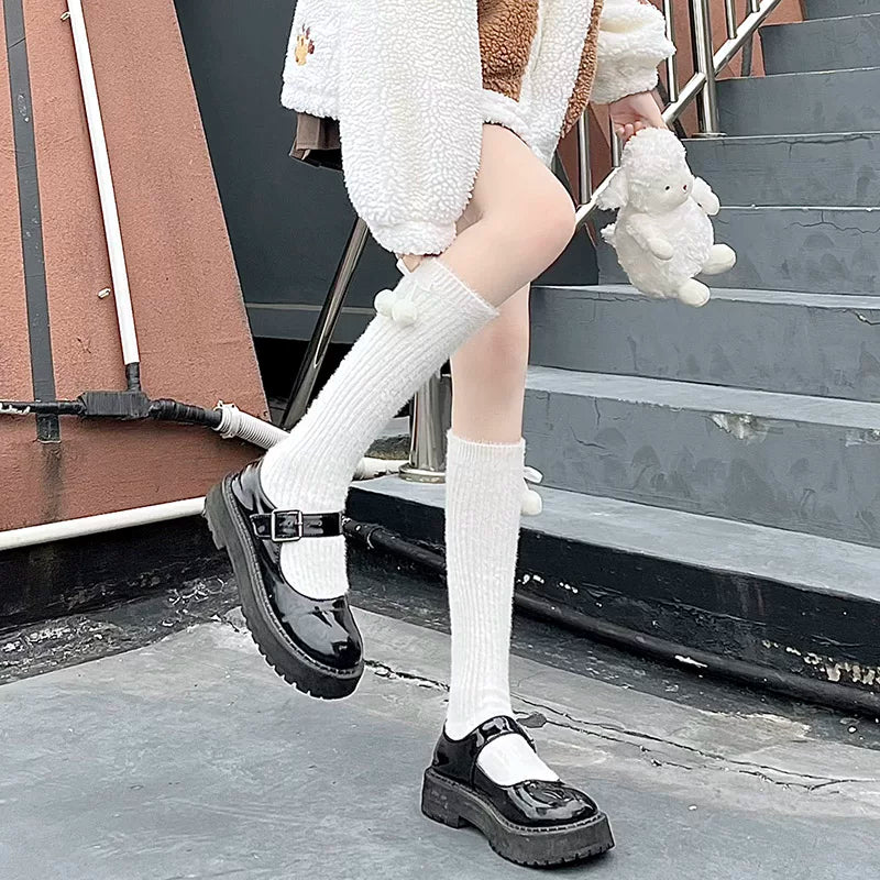 Floral Milk Cat - Pom-Pom Rib - Plush socks with pom-pom cuffs