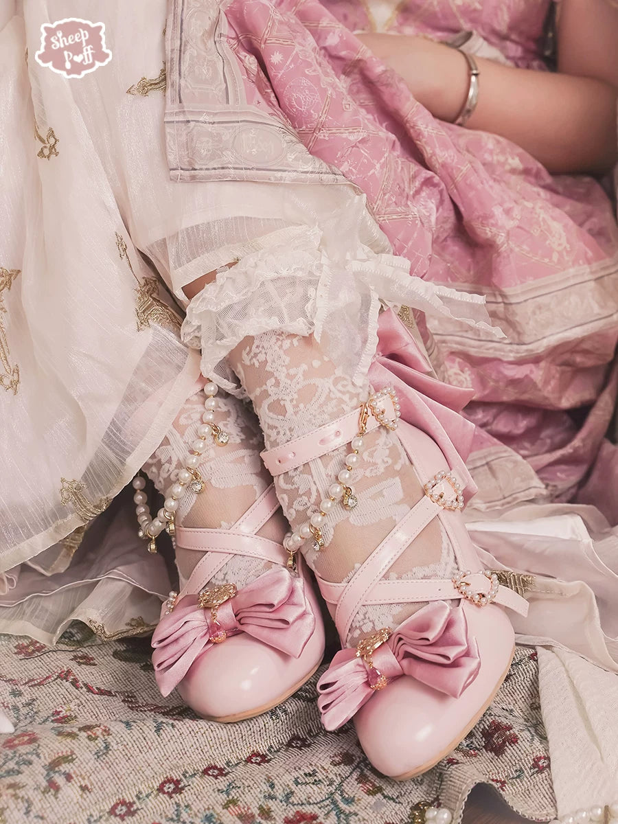 Sheep Puff Witch Key Lolita Heels, black shoes with cute sheep puff and witch key details, stylish and playful footwear.