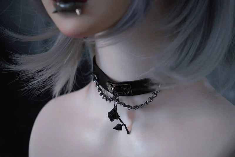 Strange Sugar - Gothic Lolita Choker Faux Leather - Rose Pendant Necklace Neckwear
