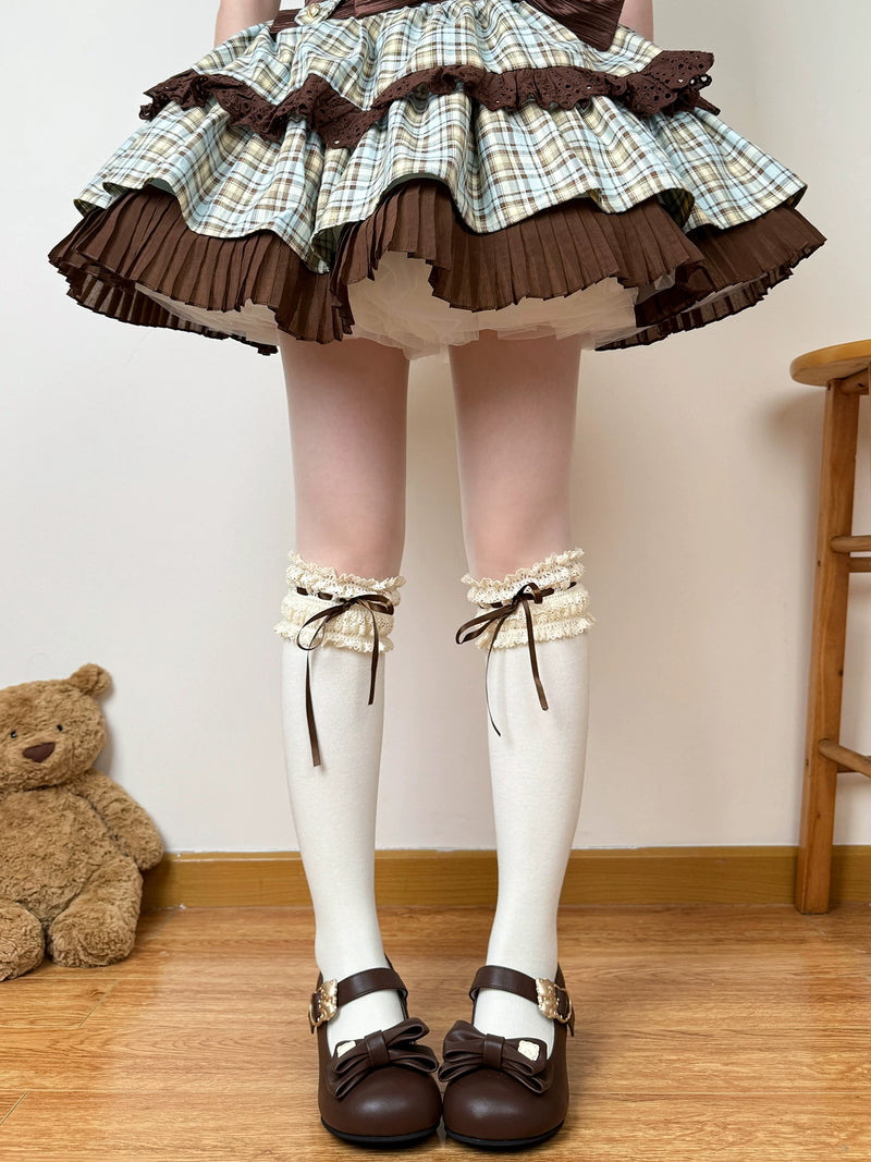 Chubby Bear Tales - Caramel Cocoa - Lace-Ruffle Socks with Ribbon Bows