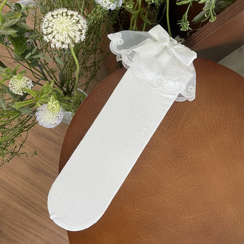 Sock Noble - Fresh Ribbon Lace - Mesh Slouch Socks with Lace Ruffles and Bow Cuffs