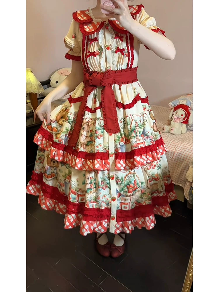 Dream Bunny - December Strawberry Field - Strawberry-Print One-Piece Dress with Red Gingham Ruffles