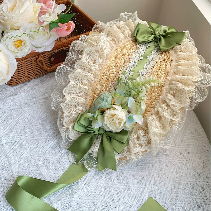 With PUJI - Floral Language - Country Lolita Lace Bow Flat Cap Straw Hat Purple