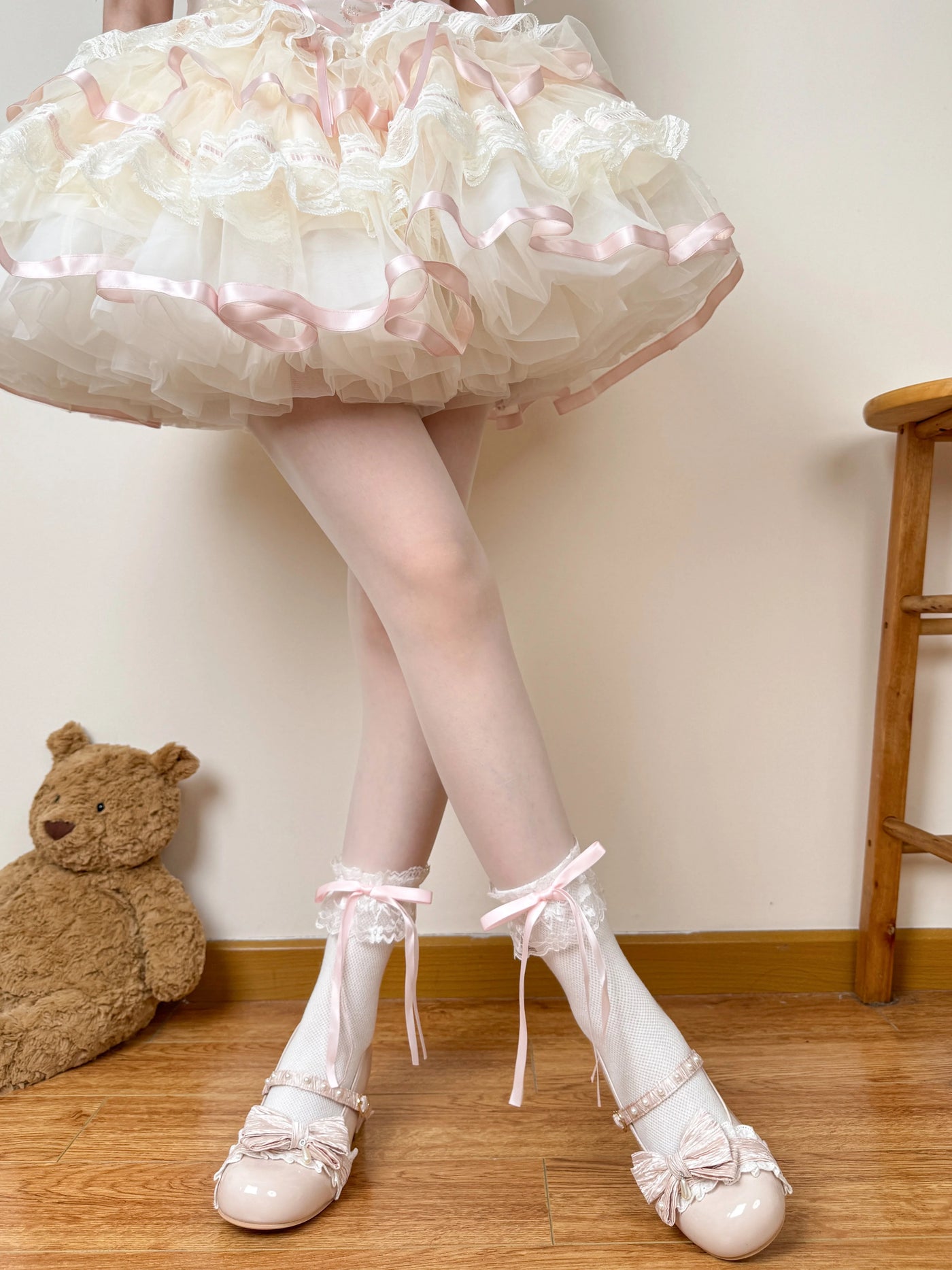 Chubby Bear Tales - Ballet Ribbon - Pink, White, or Black Mid-Calf Socks with Lace