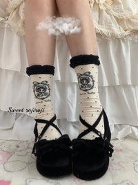 RojiRoji - Line Doll - Pure Cotton Socks with Doll Motifs and Ruched Cuffs - Black mid-short socks, approx. 32 cm / One Size