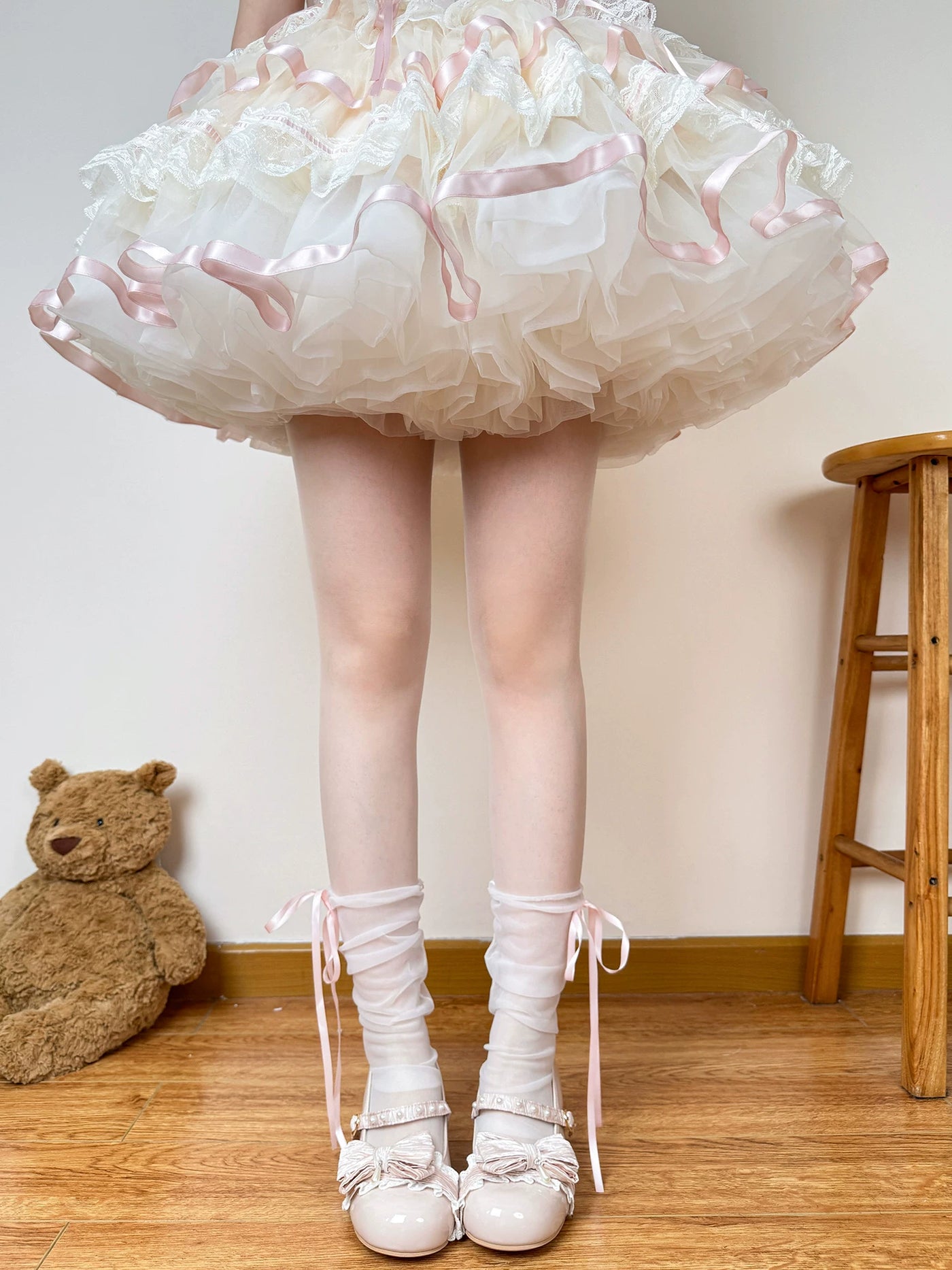 Chubby Bear Tales - Ballet Ribbon - Sheer Mid-Calf Socks with Ribbon Bows