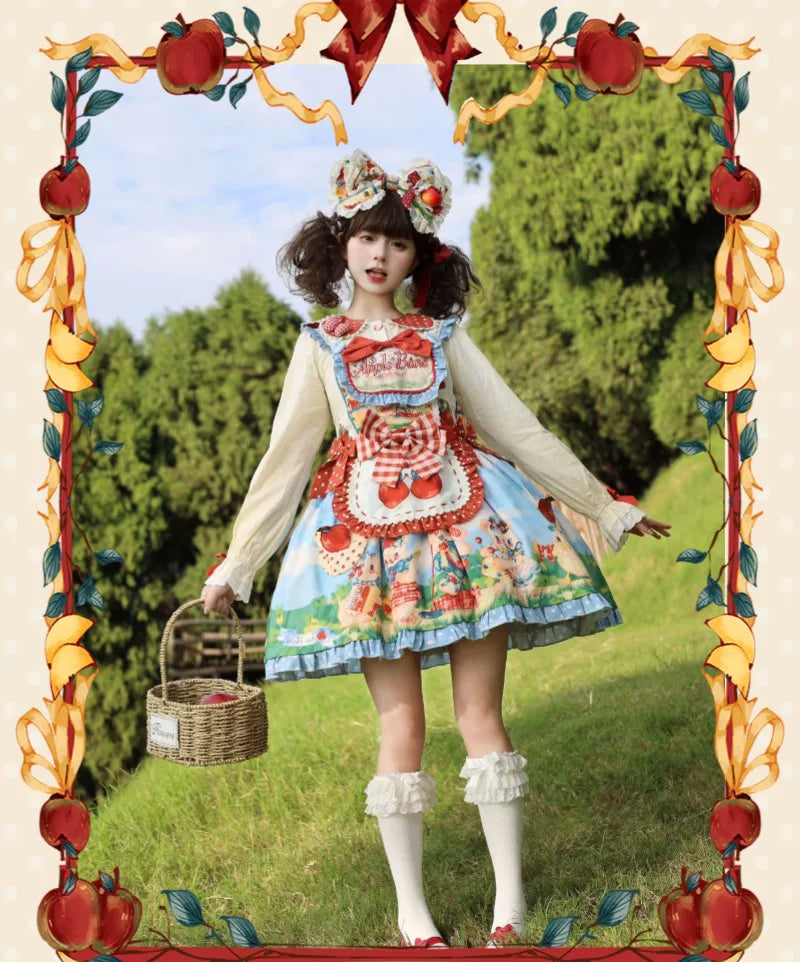 Star Fantasy - Red Apple Paradise - Red Lolita Dress with Apple and Strawberry-Cream Motifs