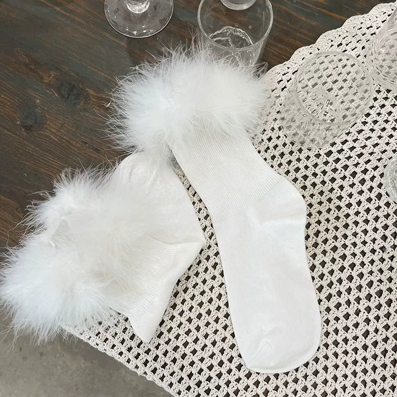 White Y2K fluffy pom-pom mid-calf Lolita socks