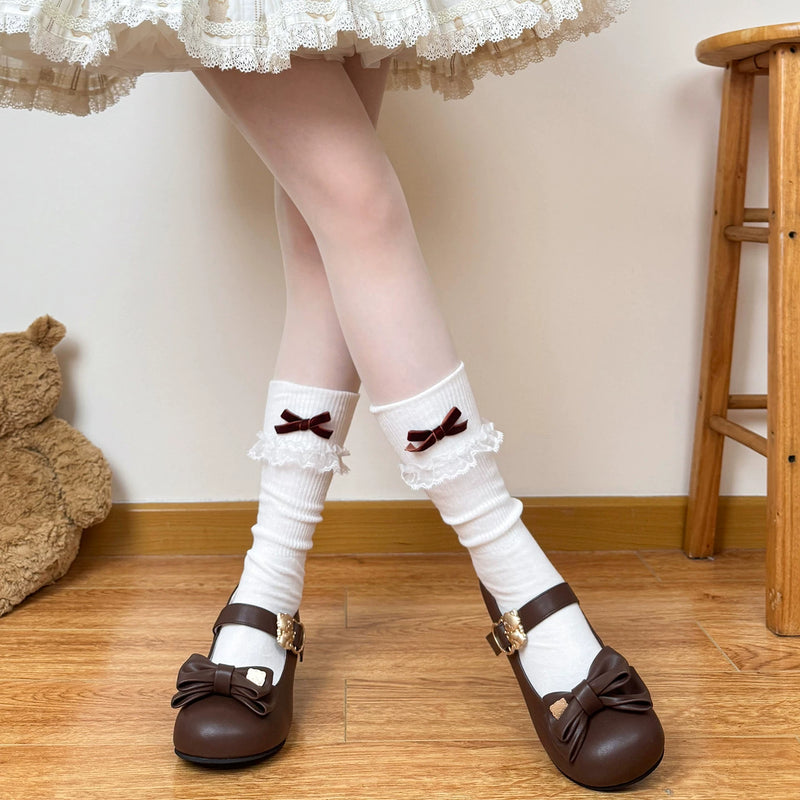 Chubby Bear Tales - Bow Slouch - Thin Slouch Socks with Lace-Trimmed Bow Cuffs