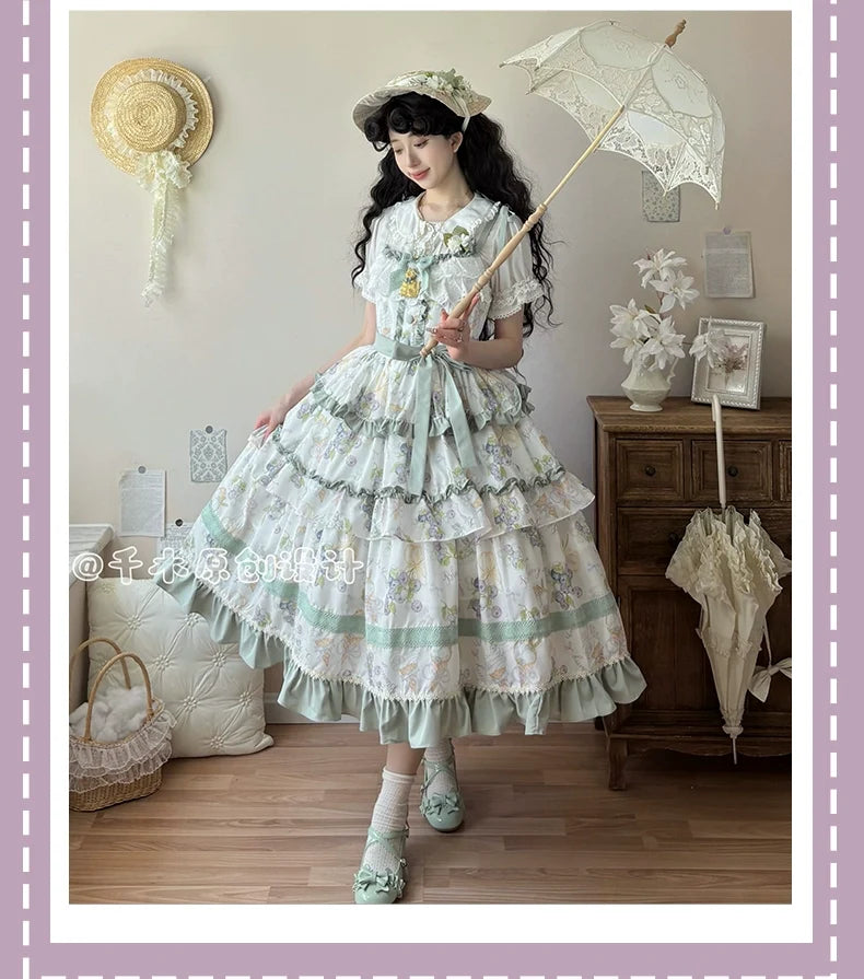 Qianmu - Blueberry Midsummer - Country Lolita Tiered JSK, Blueberry Print