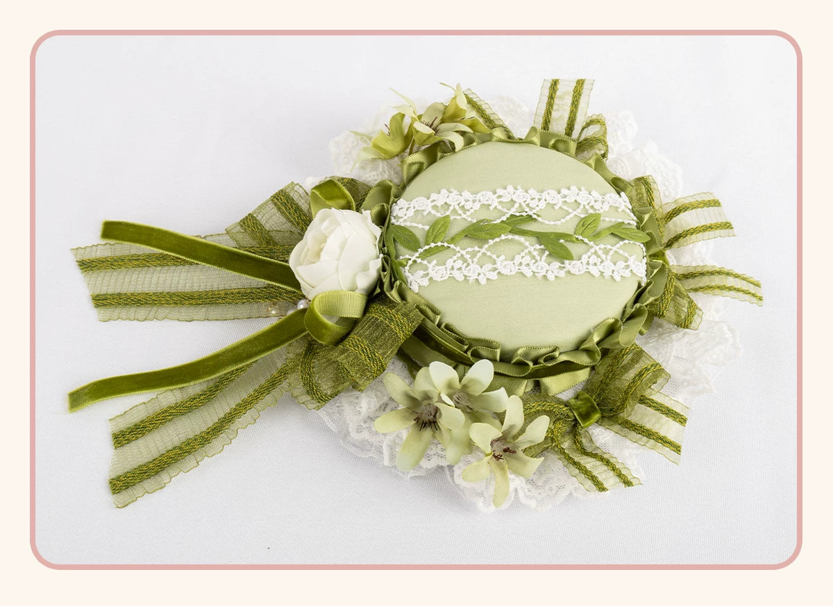 Stardust Rose - Lily of the Valley Woodland - Green Lace Lolita Headwear with Floral Ribbons