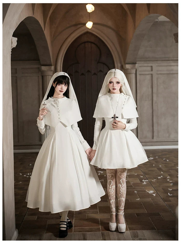 With PUJI - Nihil - Gothic Nun Lolita OP Dress, Irregular Hem Cape