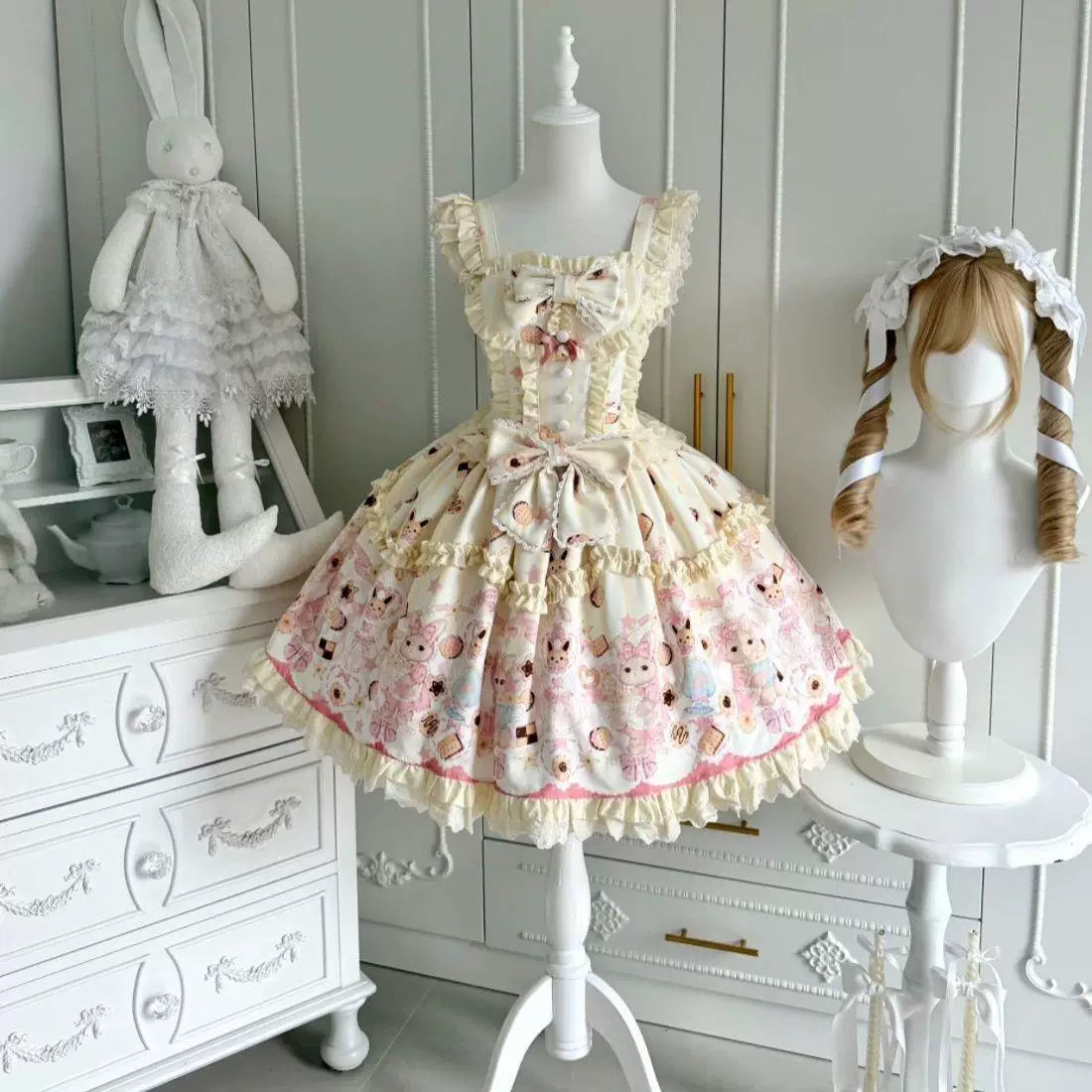 Sweetheart Dream Machine - Rabbit Cake - Milky Pink or Milky Yellow JSK with Rabbit and Cake Motifs
