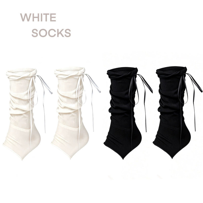 White Socks - Ballet Ribbon - Ruched Stirrup Socks with Side Ties