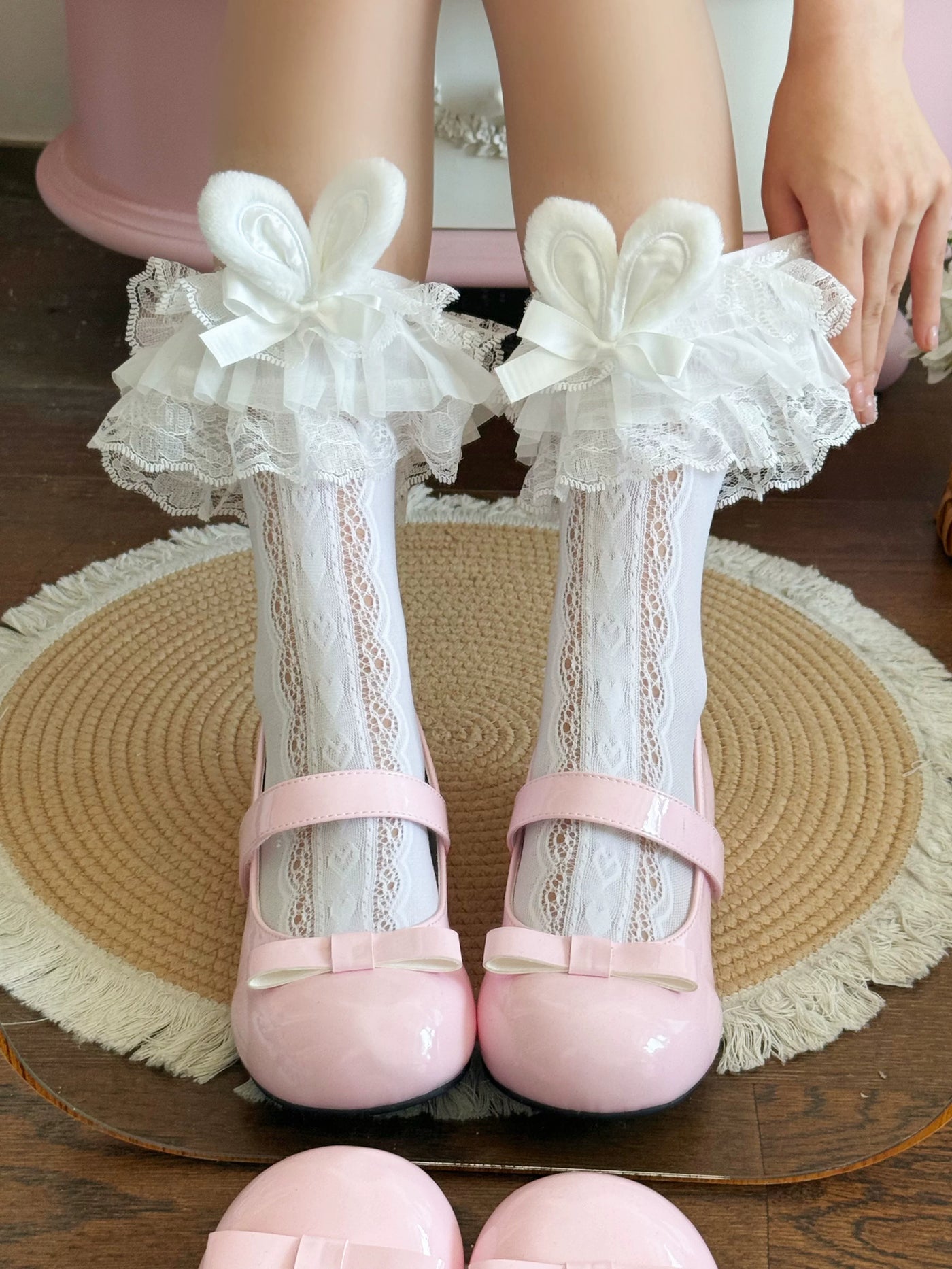 White bunny ear lace trim lolita mid-calf socks
