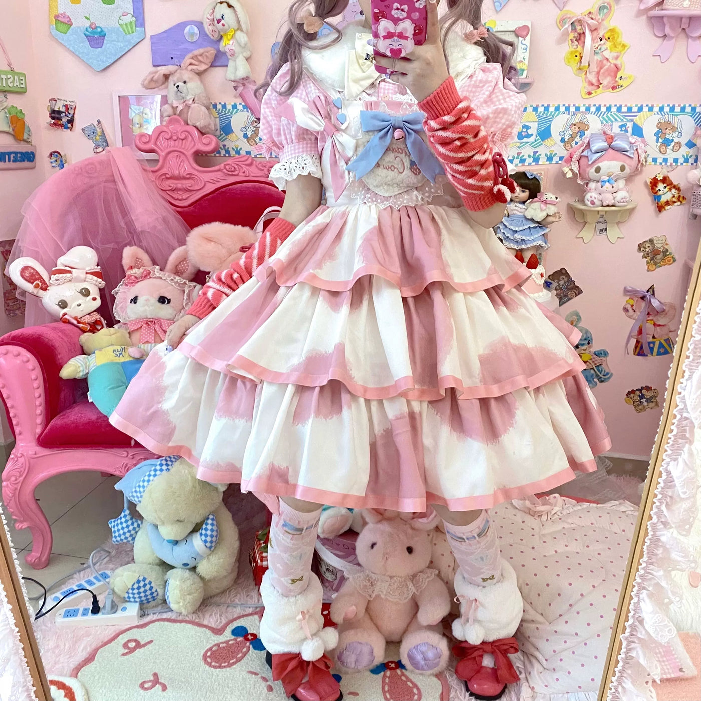 Tata Long Ear - Milk Cake Cow Print - Cow-Print JSK Dress with Three-Section Skirt