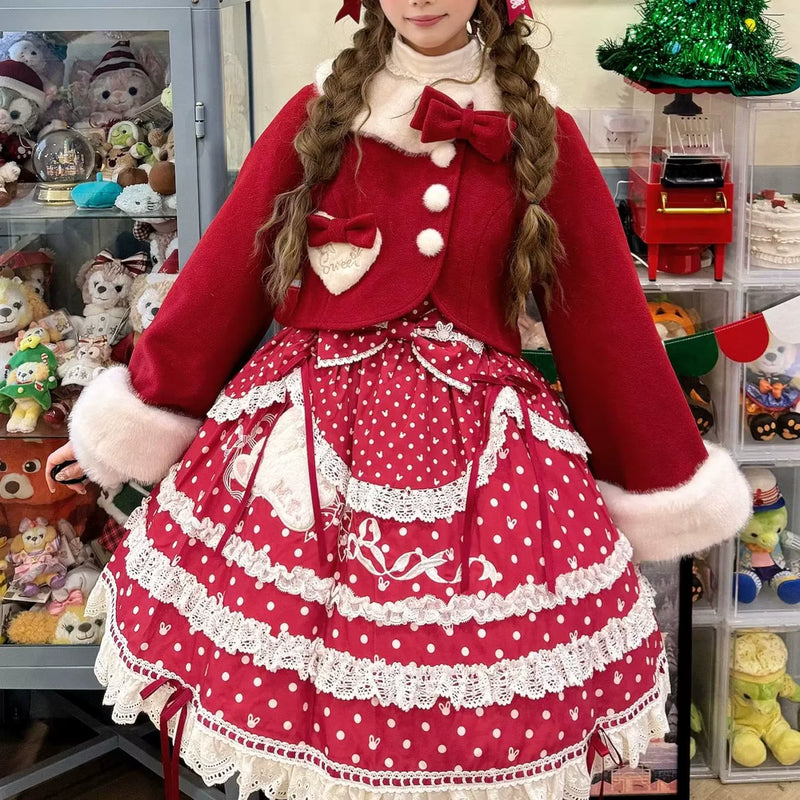 Christmas Peter Pan Collar Plush-Trim Lolita Cape — Red - Fleece-Lined Version