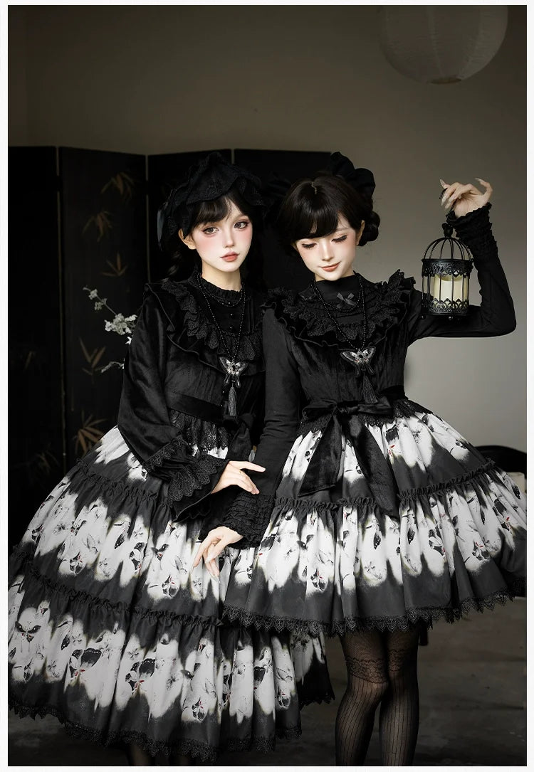 With PUJI - Dead Leaf Butterfly - Gothic Lolita JSK & OP Dress Set, Butterfly Print