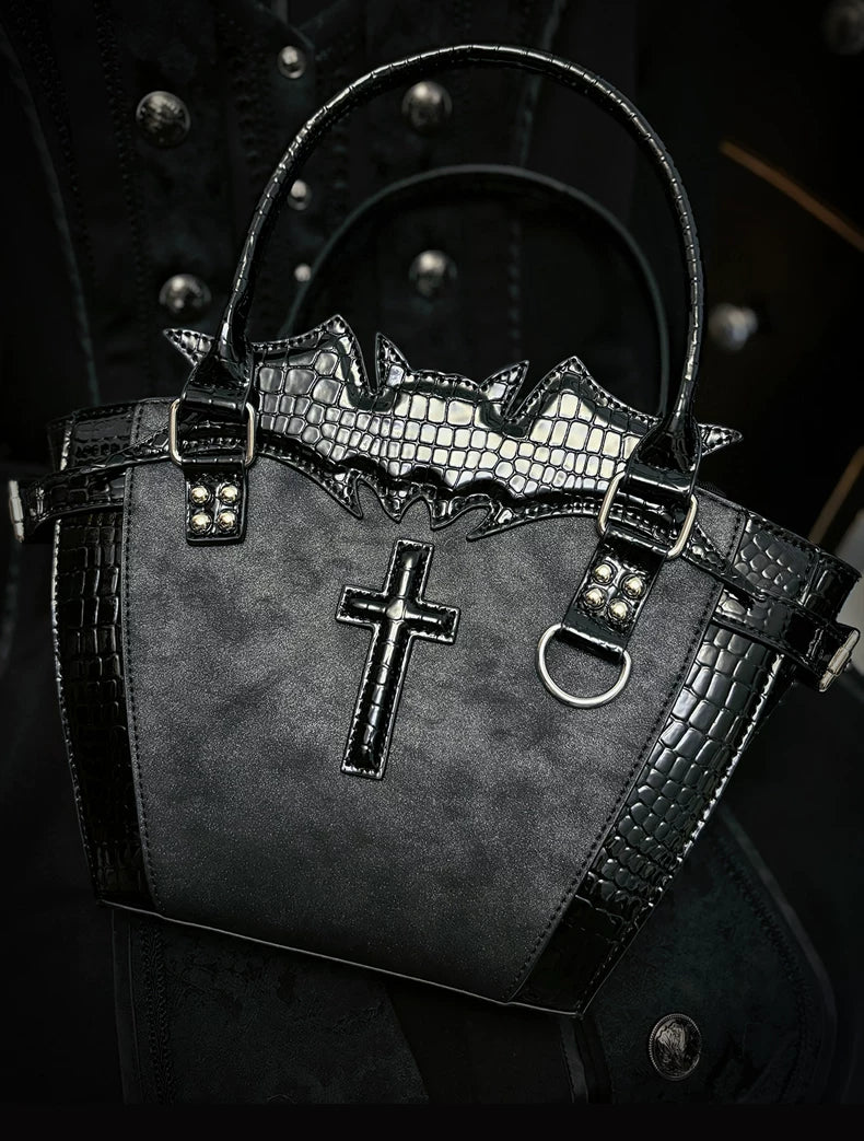 Vera s Mimosa - Gothic Bat Cross Tote - Medium structured gothic lolita tote