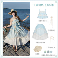 With PUJI - Bluebell Summer - Lolita Outfit Set - Blue-Green 6-Piece set (Top + Skirt + Flower Brooch + Crochet Neck Accessory + Straw Hat + Side Clip *3) In Stock / S