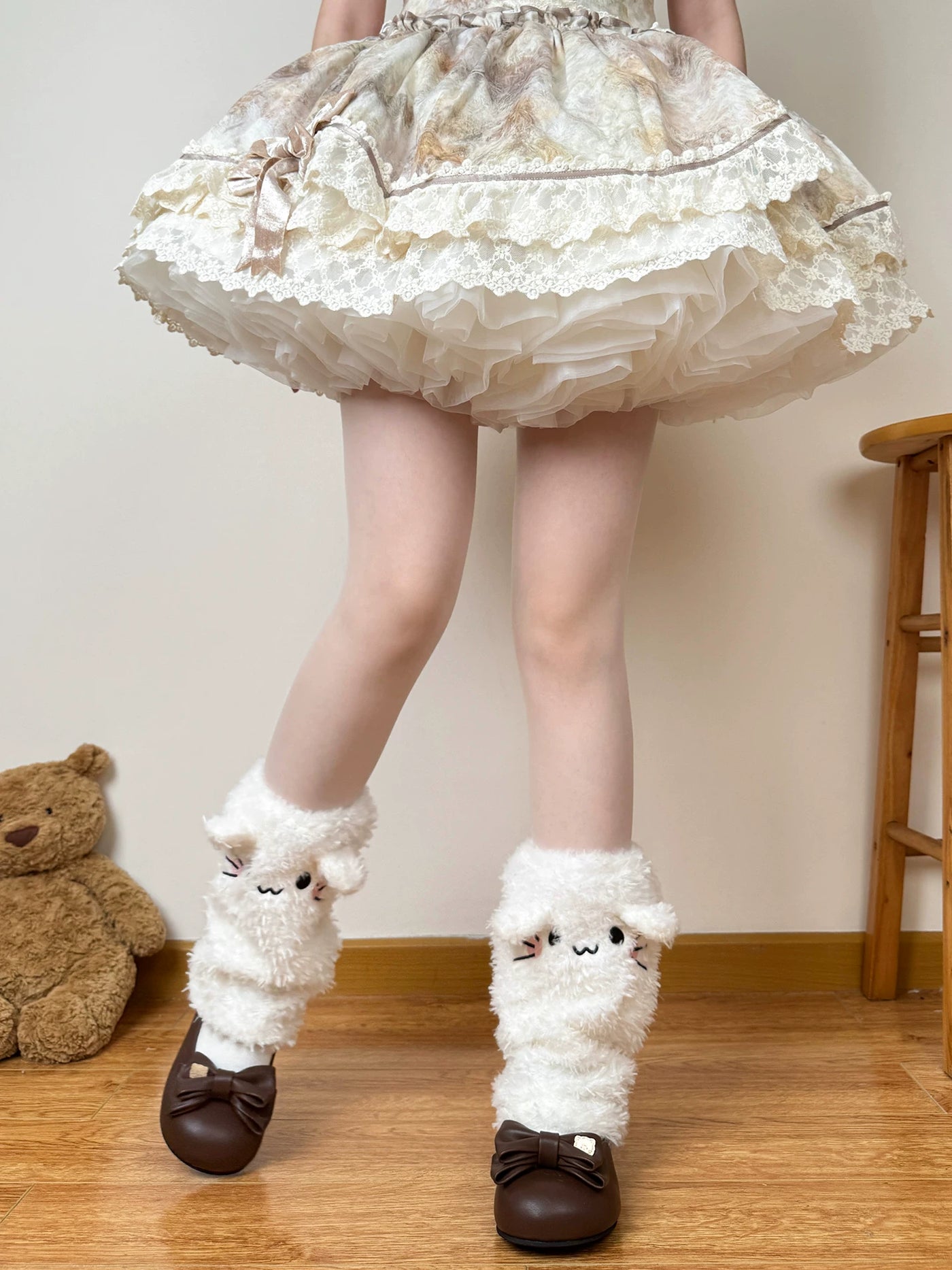 Chubby Bear Tales - Little Kitty - Plush Leg Warmers with Cat Faces and Bowed Cuffs