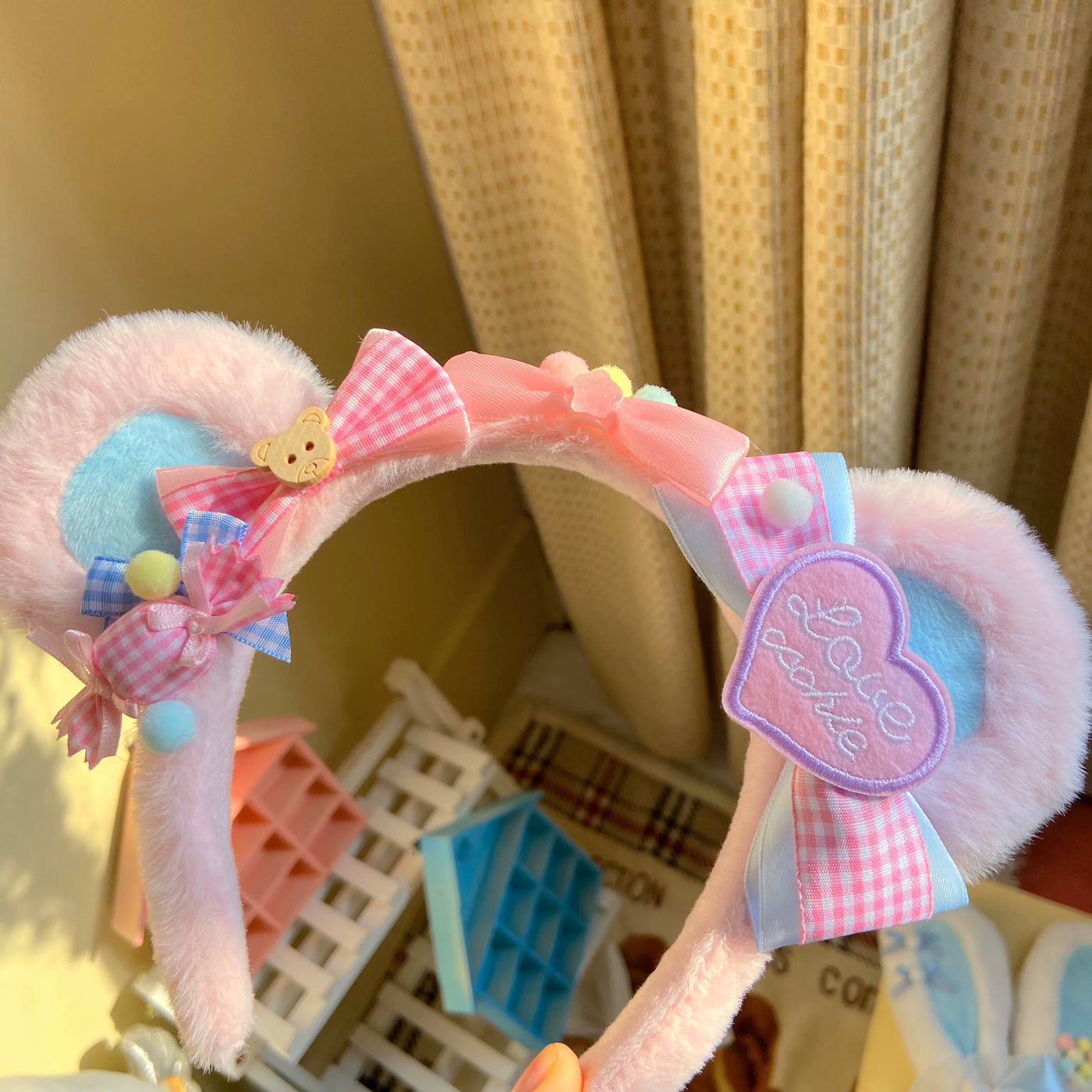 Bear doll - Teddy Bow - Plush Ear Headband with Gingham Bows