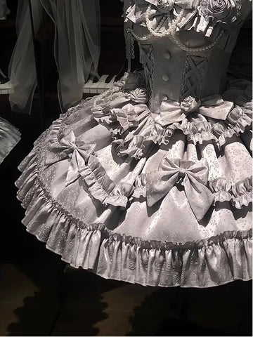 Creamy - Silver Gothic - Silver JSK Set with Rose Motifs and Ruffled Trim