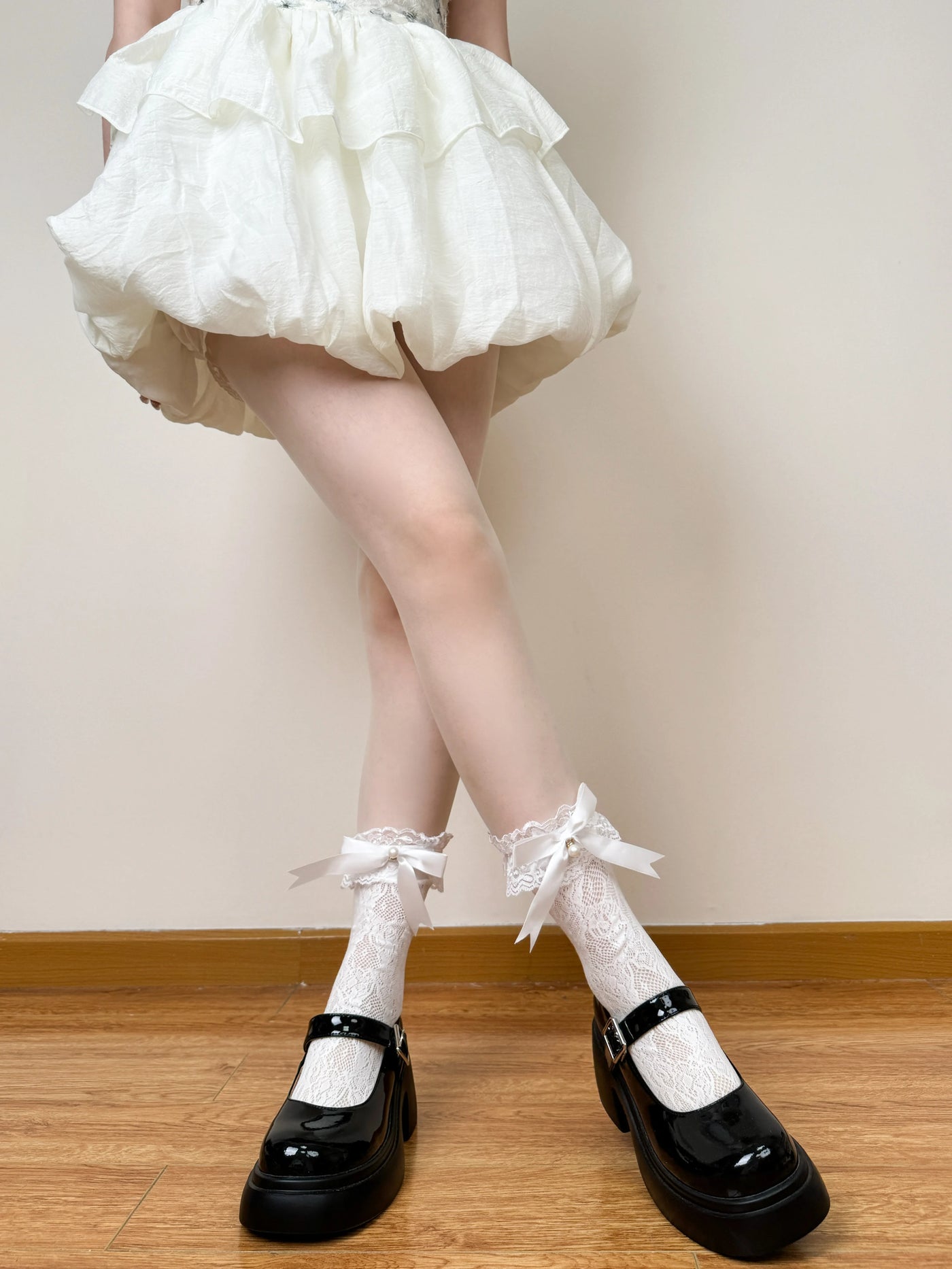 Chubby Bear Tales - Jennifer - Mid-Calf Socks with Openwork Lace and Ribbon Bows