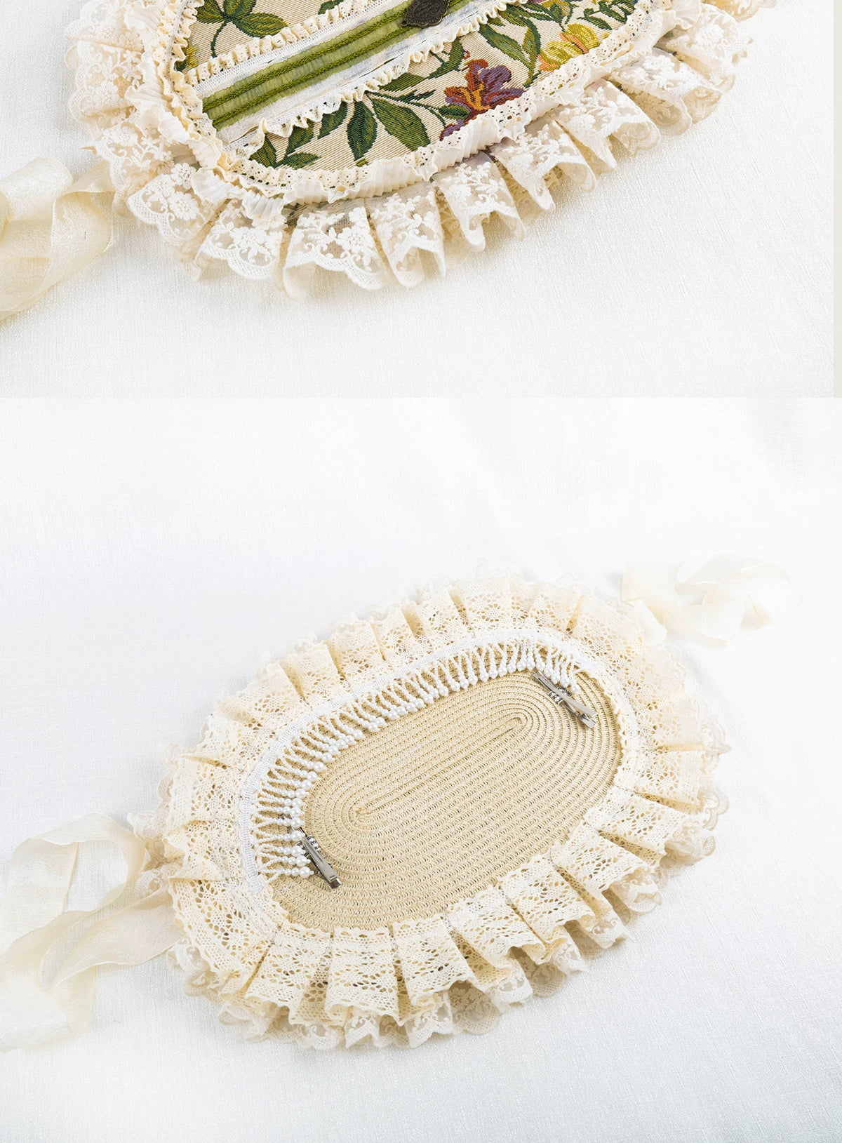Lightbound Narrative - Manor Rose - Lace-trimmed flat hat or bonnet with floral accents