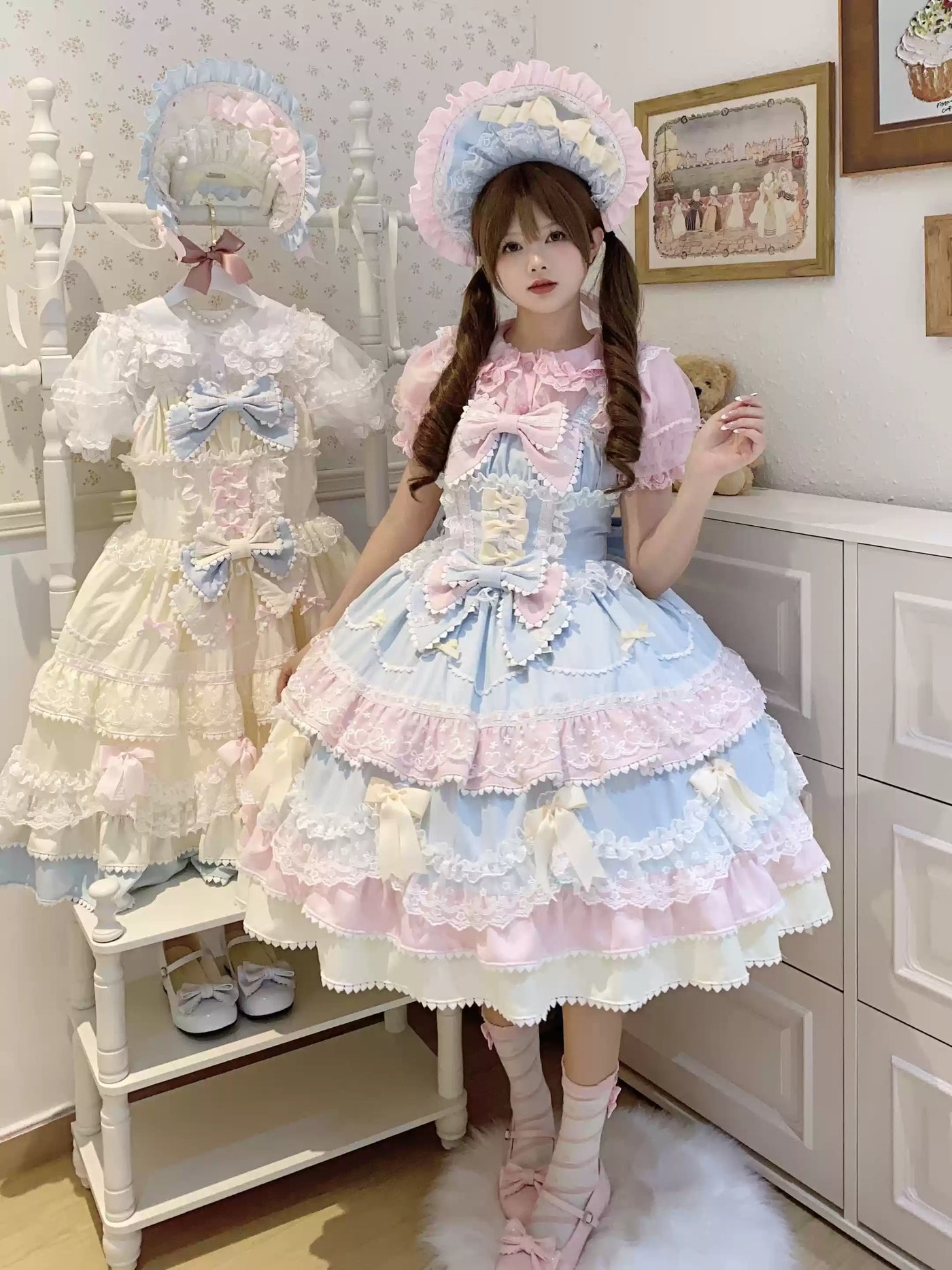 Fondant Cake - Summer Sweet Lolita JSK Dress, Tiered Ruffles and Bows (L M M) S / L M S) 42612:762144