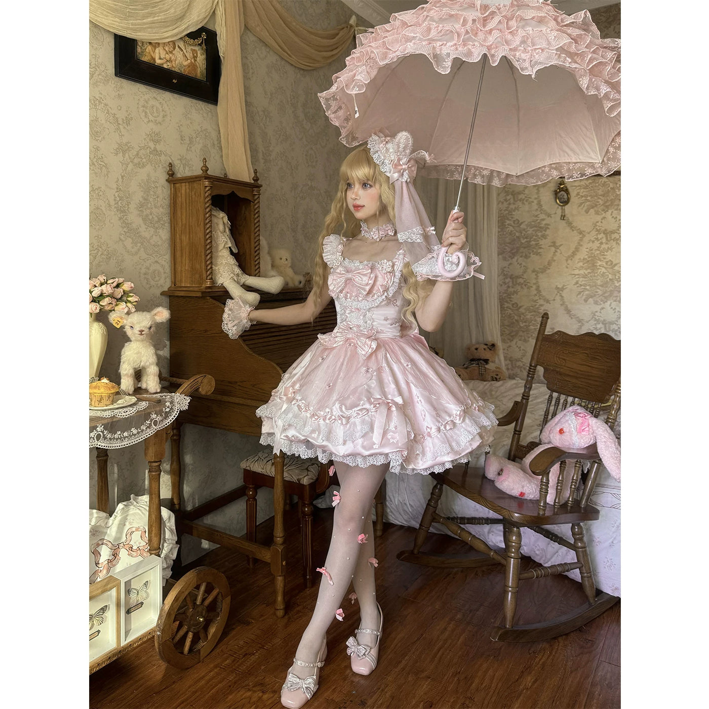 Creamy - Cherry Blossom Ballet - Pink JSK Dress with Layered Lace
