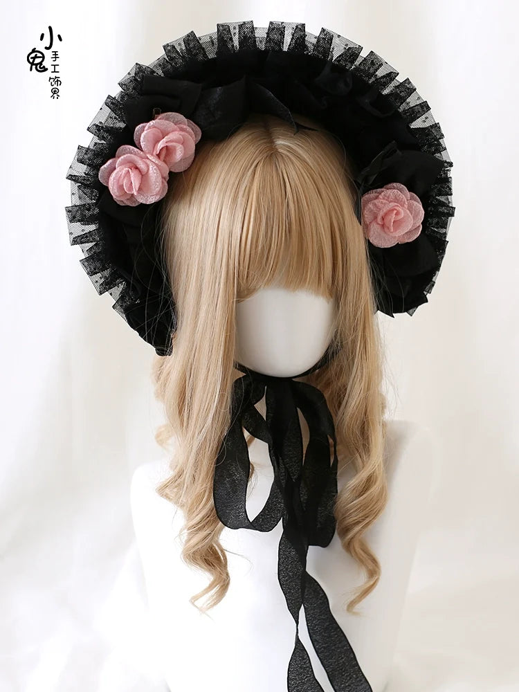 Xiaogui - Gothic Lolita Black Lace Flowers - Bonnet Headwear