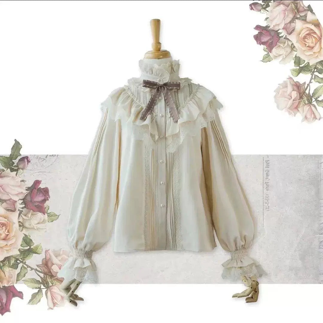 Sweetheart Dream Machine - Surface Spell - High-Neck Chiffon Blouse with Lace Ruffles