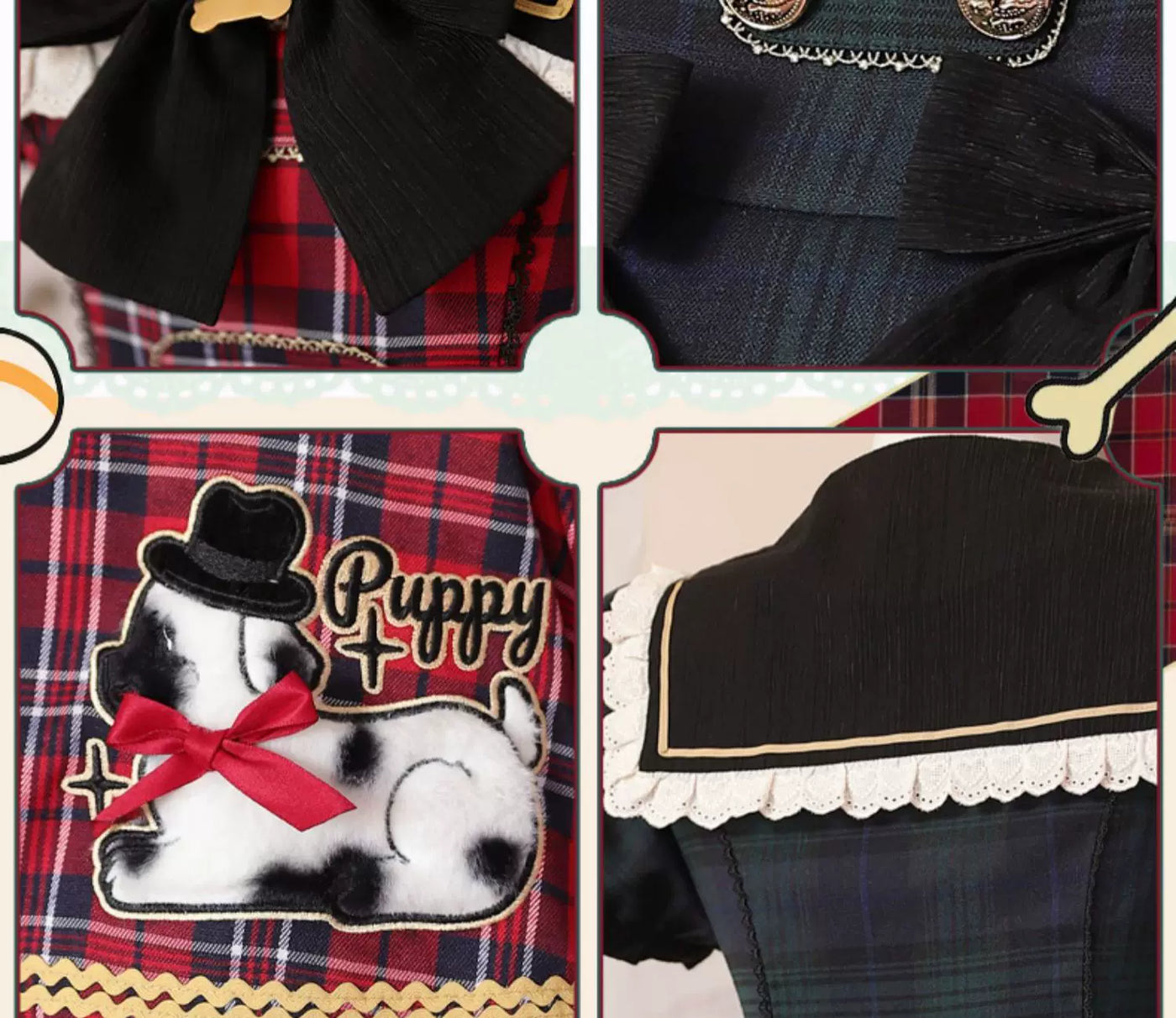 Baozi Pig - Spotty Puppy Plaid - Plaid One-Piece Dress with Puppy Motif