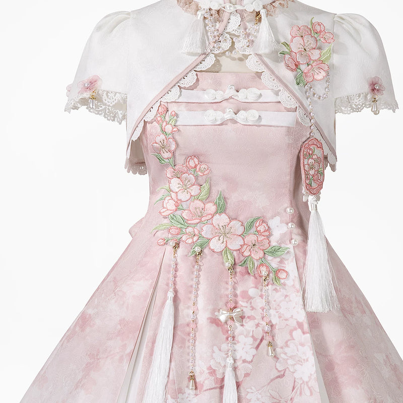 Sweet Promise - New Chinese-Style Blossom - Pink princess dress with floral embroidery and lace-trimmed top
