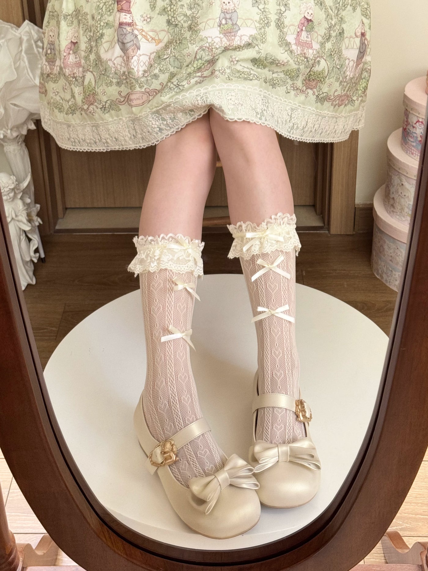 Fantasy Doll - Ribbon Lace - Yellow Mid-Calf Socks with Lace Cuffs