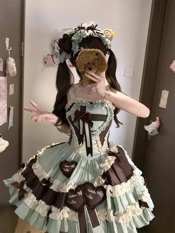 Mint and chocolate JSK dress and hime-sleeve vest set with layered ruffles and headpiece.