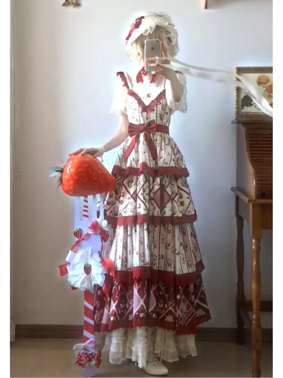 Creamy - Red Garden Print - Long JSK dress with red ruffle trim