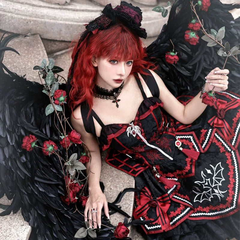 Leopard Cat Gothic JSK dress by Lolita Fetch featuring a hidden fragrance design, black and leopard print fabric, with ruffled details.