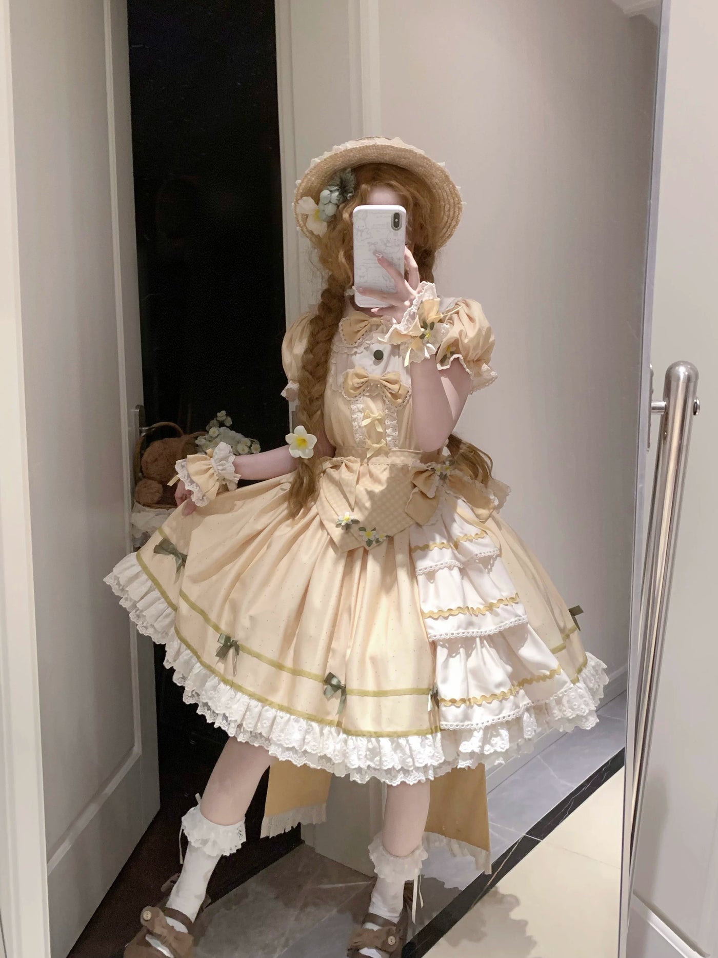 Fluffy Bunny Bubble Cake - Lemon Mille-Crepe - Yellow Side-Cut OP Dress with Lace Trim