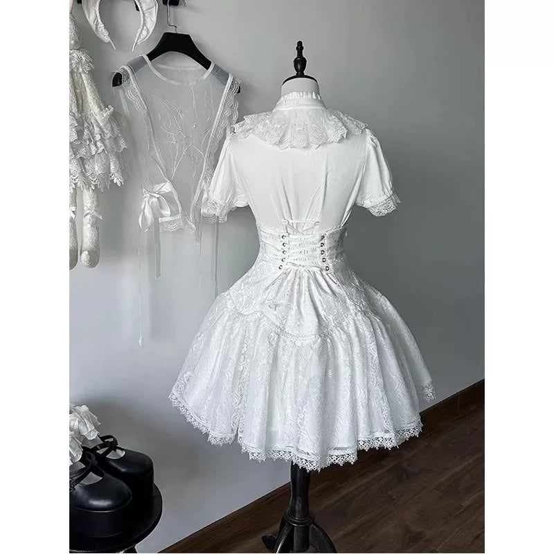 Creamy - White Gothic Lace - Blouse, Bib and Short Skirt Set with Corset Lacing