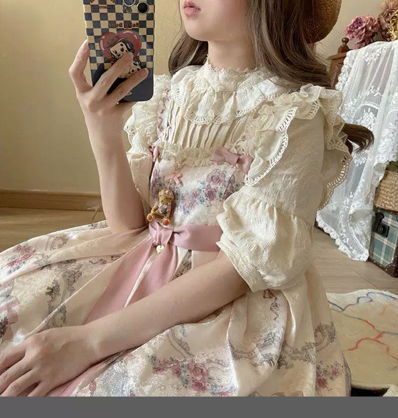 White or Ecru stand-collar blouse with lace edging and gathered sleeves