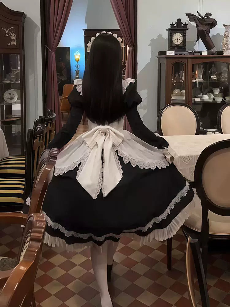 Creamy - Gothic Maid - Long-Sleeve One-Piece Dress and Apron Set with Lace Ruffles