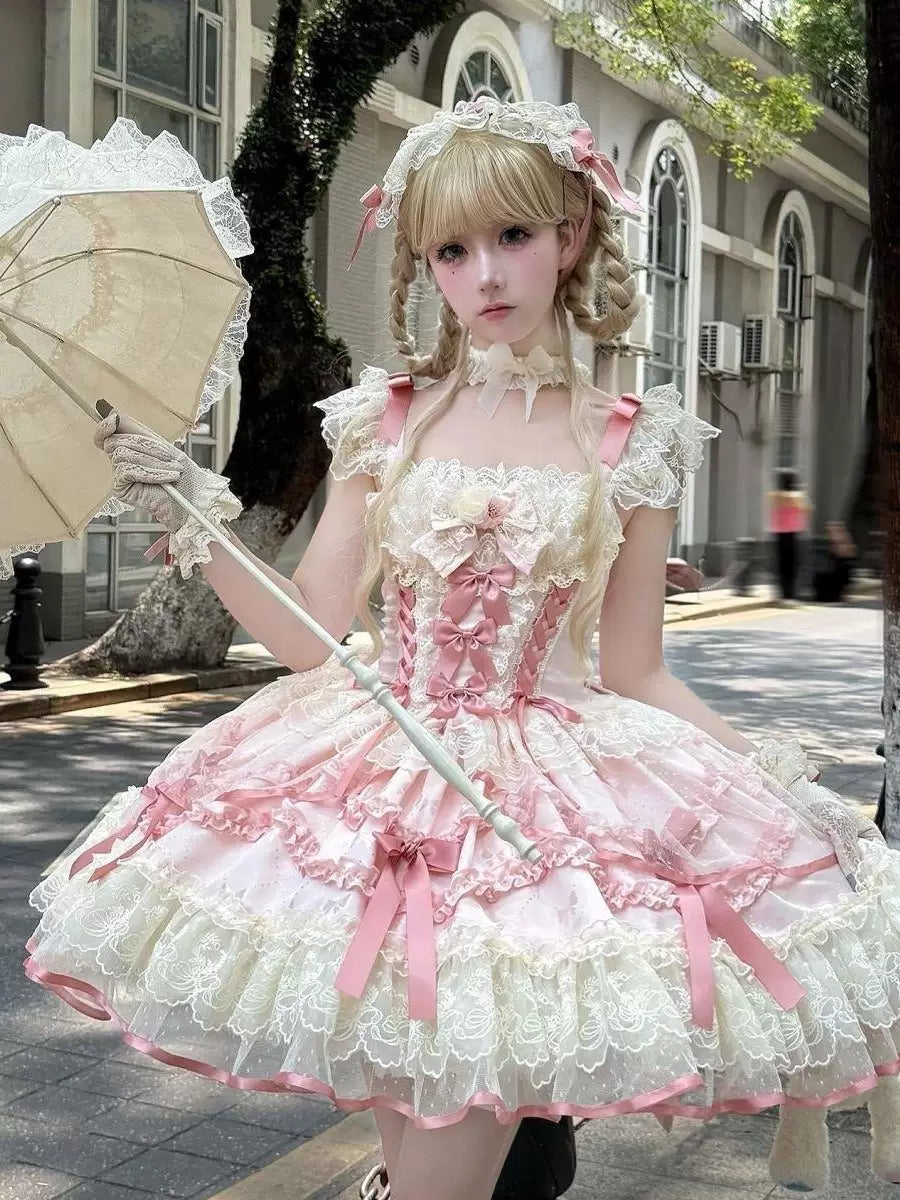 Sweetheart Dream Machine - Rose Poem Ballet - Strappy JSK dress with lace ruffles and ribbon bows