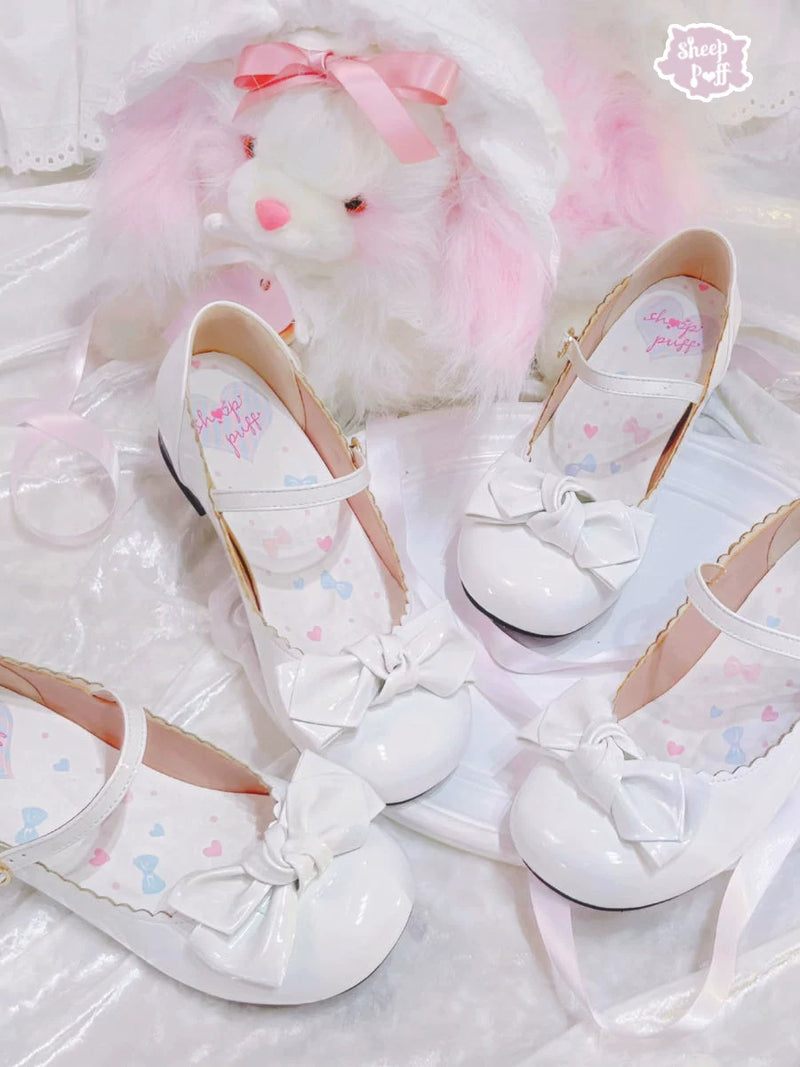 Sheep Puff rounded bow patent Lolita shoes featuring a cute design with a glossy finish and decorative bow detail.