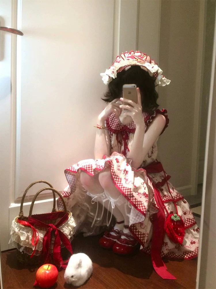 Dream Bunny - The Cherries Are Ripe - Cherry-Print Lolita Fashion Set with Gingham Ruffles