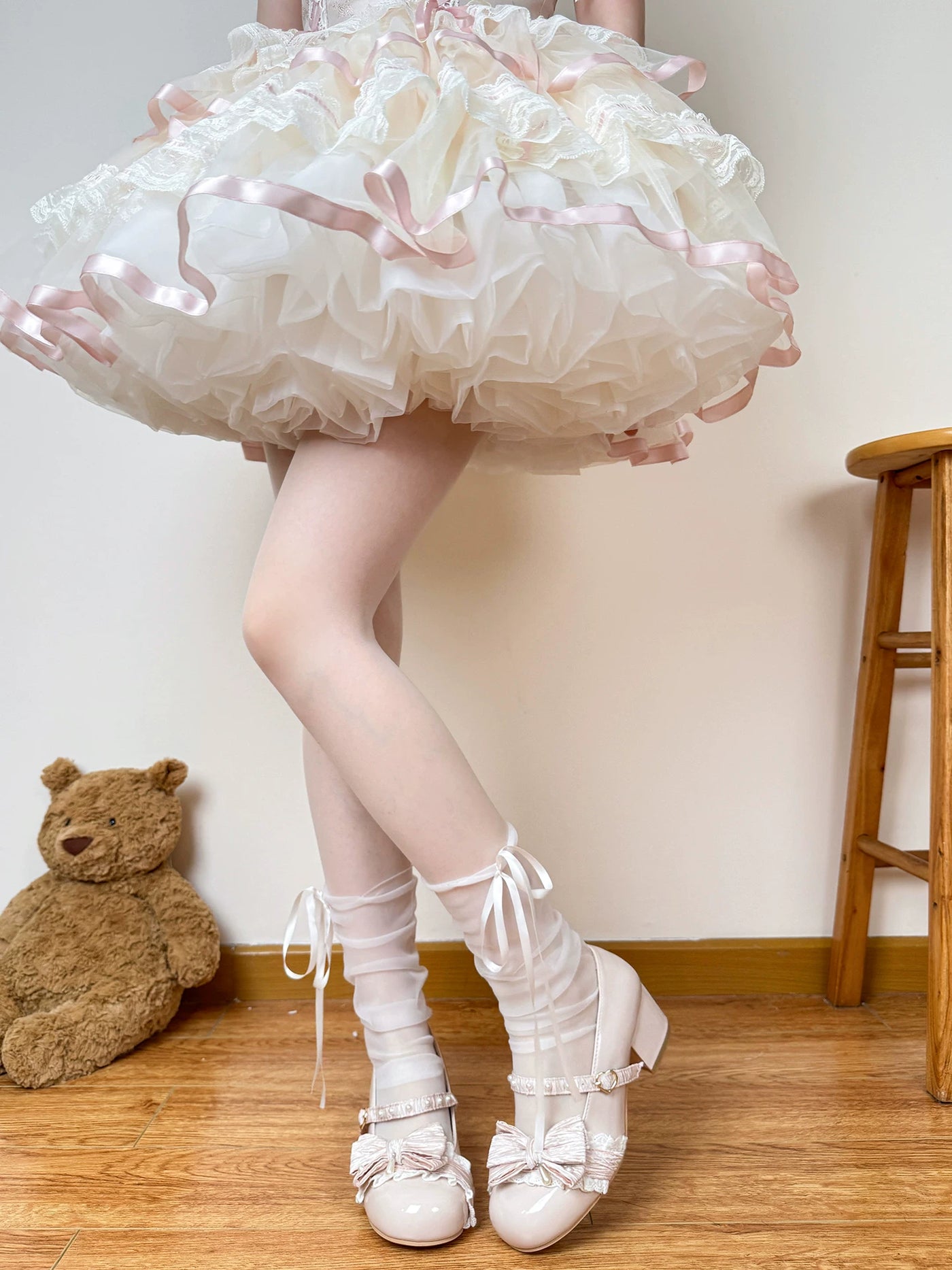 Chubby Bear Tales - Ballet Ribbon - Sheer Mid-Calf Socks with Ribbon Bows