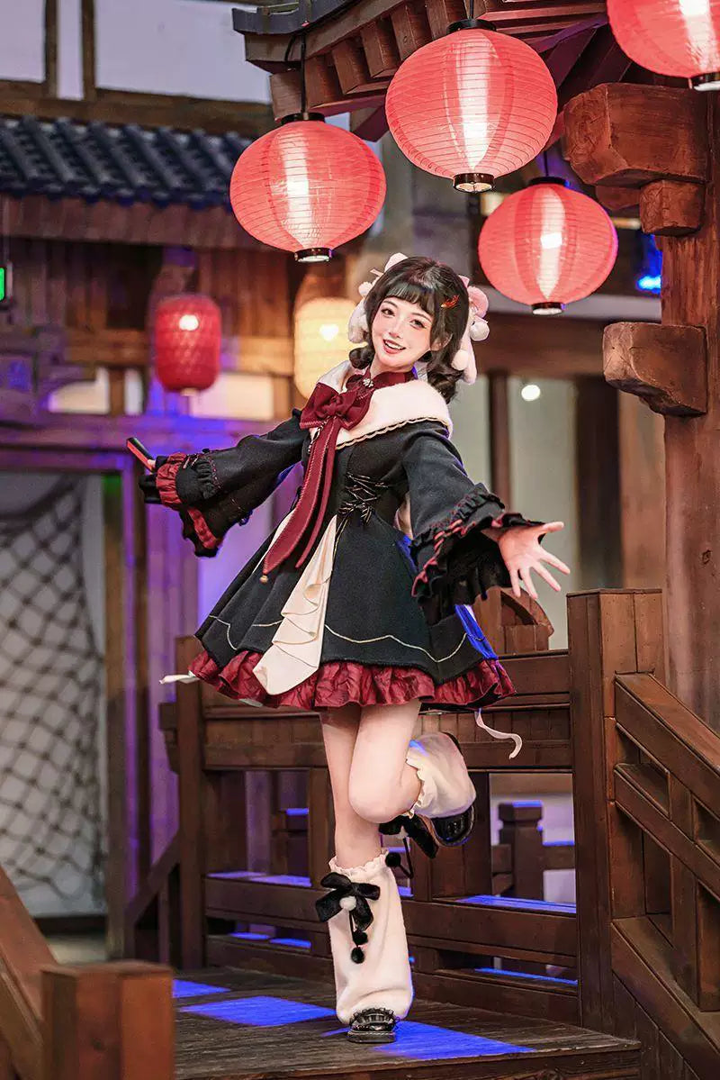 Sweetheart Dream Machine - Maohua - Black-Red Chinese-Style OP Dress with Ruffled Bib